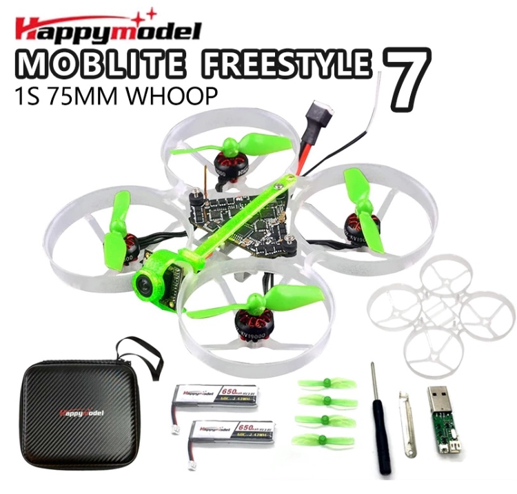 Happymodel Moblite 7 โดรนจิ๋ว แบต 1เซล สายซิ่ง บินนาน 10นาที ได้ของครบๆ ในชุด มีแบต 2ก้อน พร้อมอะไหล่สำรอง เฟรม ใบพัด ฯลฯ