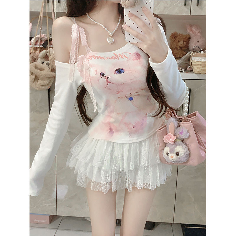 เสื้อครอป แขนยาว ปาดไหล่ หน้าแมว CN2733