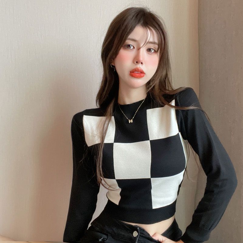 เสื้อแขนยาว ไหมพรม ครอปตาราง รหัส A308