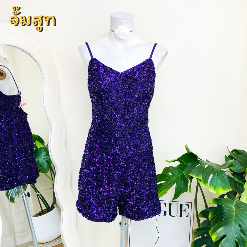 ไซด์ XL แบรนด์ Shein แท้ 100%🌸จั๊มสุท ขนมิ้ง งานเกล็ดวิบวับ สีม่วงเข้ม ใส่ออกงาน ทรงเข้ารูป เดรสออกงาน ชุดปาร์ตี้(200)