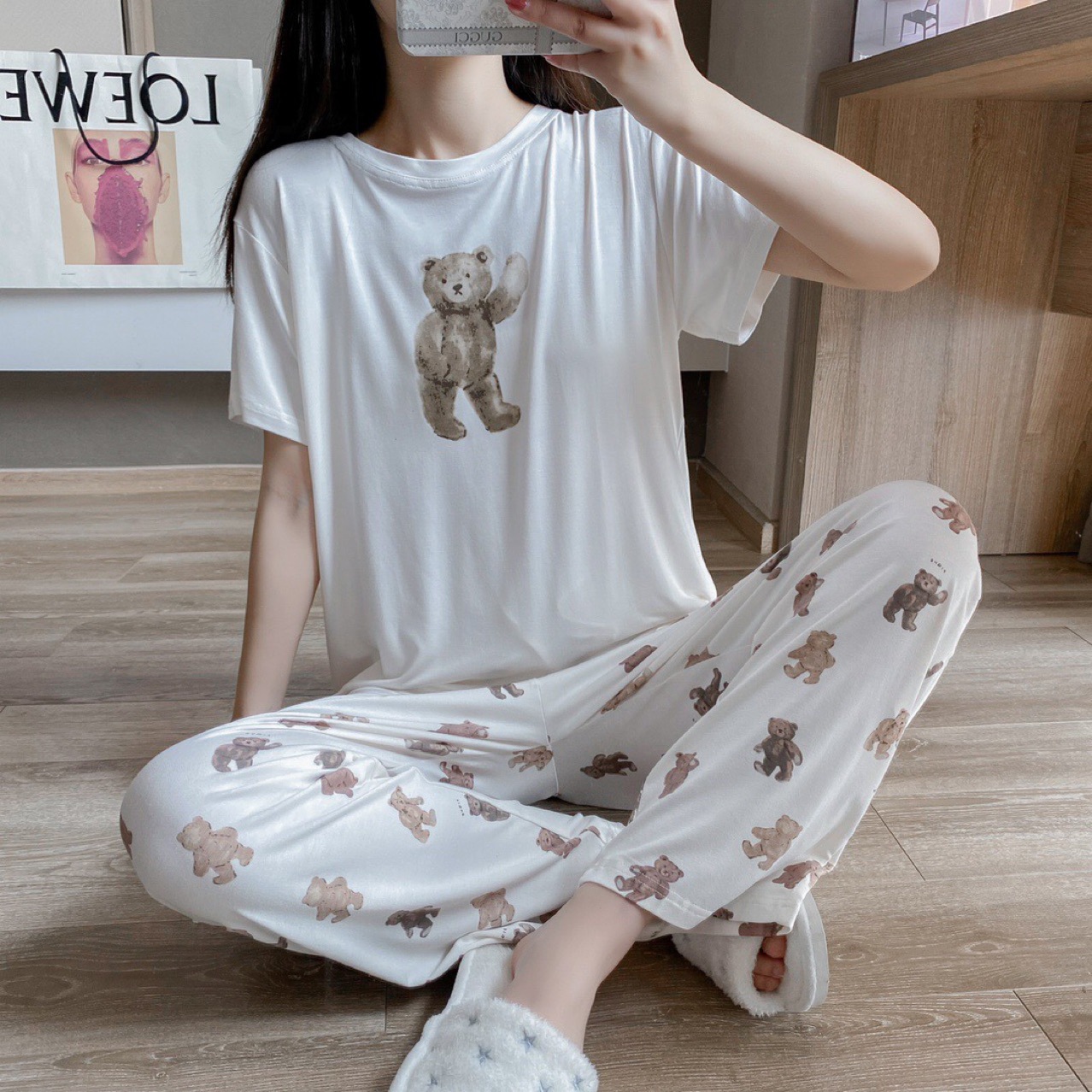 ชุดนอน สีขาว หมี 1 ตัว ขายาว รหัส SL059