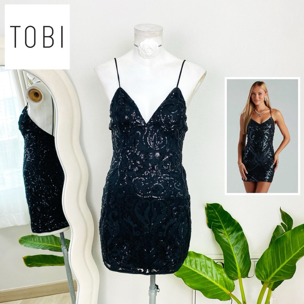 ไซด์ XS แบรนด์ TOBI แท้ 100%🌸เดรส สายเดี่ยว ลายหลุยด์ งานเกล็ดวิบวับ สีดำ ใส่ออกงาน ทรงเข้ารูป เดรสออกงาน ชุดปาร์ตี้(3)