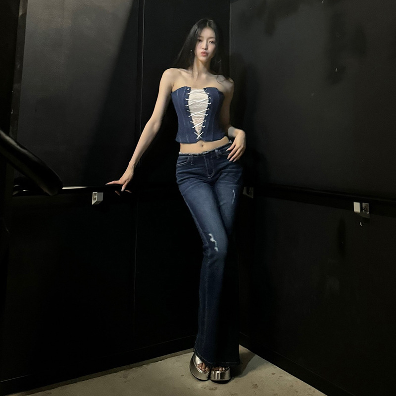 เสื้อเกาะอก ครอปสียีนส์ ถักหน้า รหัส CN57388