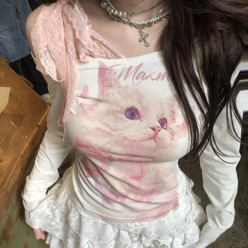 เสื้อครอป แขนยาว ปาดไหล่ หน้าแมว CN2733