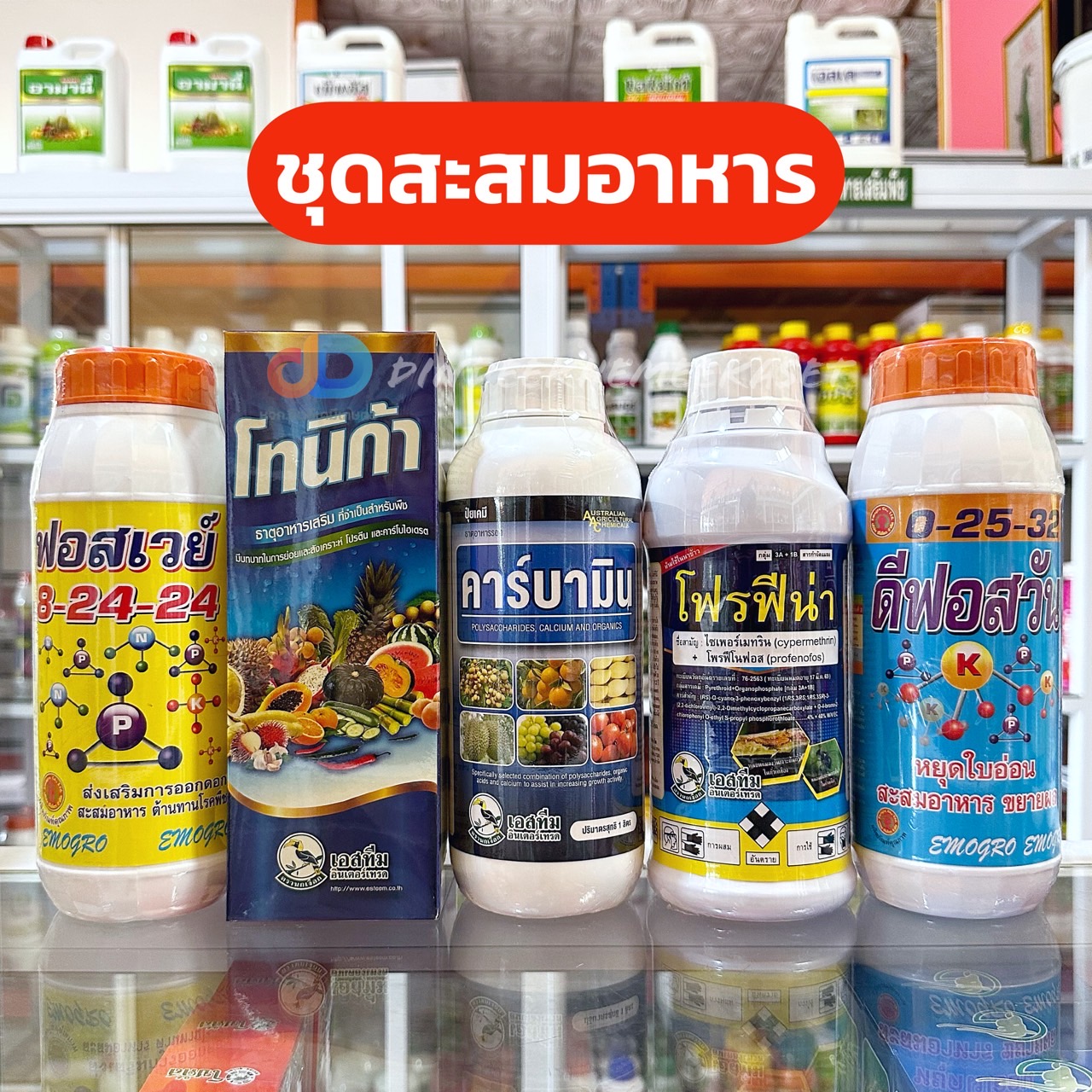 ชุดสะสมอาหาร + สารป้องกันกำจัดแมลง * 8-24-24น้ำ - โทนิก้า - คาร์บามิน - โฟรฟิน่า - 0-25-32น้ำ ทุเรียน ลำไย สวน ไร่