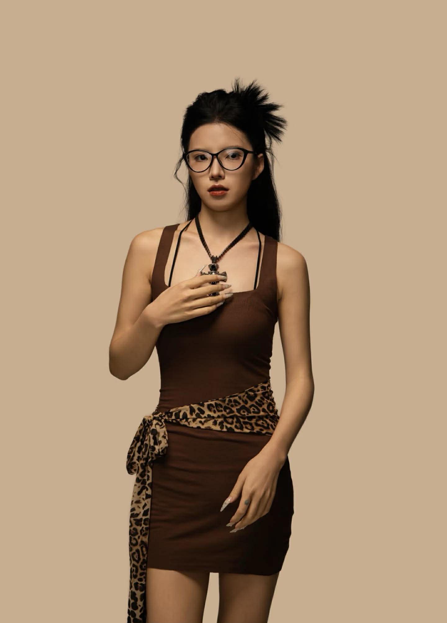 เดรสเข้ารูป น้ำตาล คาวบอย สายผูกเอว CN2938 พร้อมส่งในไทย