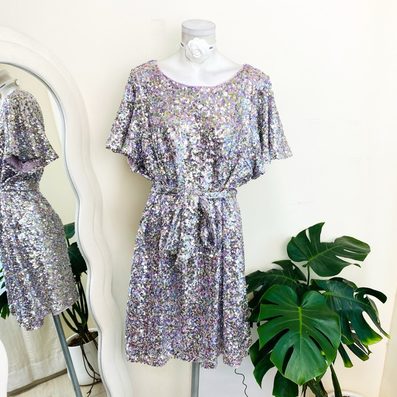 ไซด์ 2XL แบรนด์ portman แท้ 100%🌸เดรส แขนอลัง ผูกโบว์เอว งานเกล็ดวิบวับ สีรุ้ง purple ใส่ออกงาน เดรสสาวอวบ(10)