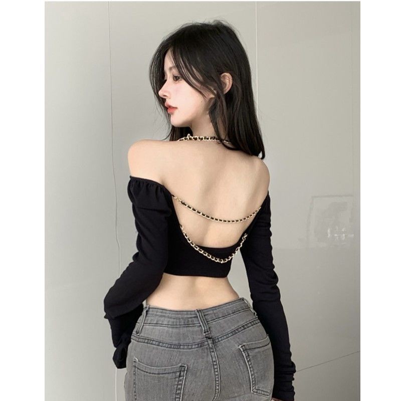 เสื้อครอป ปาดไหล่ แต่งอะไหล่โซ่ เสื้อแขนยาว CN183