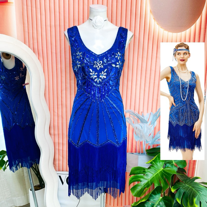 ไซด์ L แบรนด์ Babeyond แท้ 100%🌸แกสบี้ เดรส gatsby งานเกล็ดวิบวับ สีน้ำเงิน ใส่ออกงาน ทรงเข้ารูป เดรสออกงาน ชุดปาร์ตี้