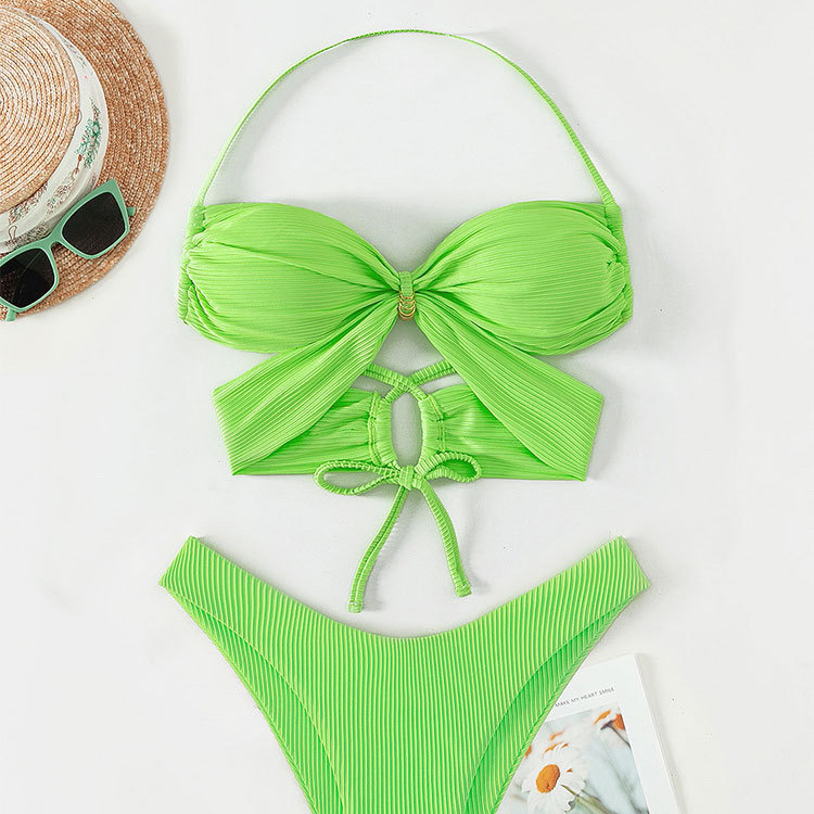 ชุดบิกินี่ สายฝอ เขียวมะนาว สีส้มจี๊ด