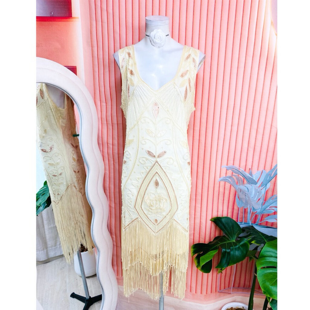 ไซด์ L-XXL แบรนด์ Metme แท้ 100%🌸 แกสบี้ เดรส Gatsby งานเกล็ดวิบวับ สีครีม ใส่ออกงาน ชุดราตรีแกสบี้ เดรสออกงาน (7)