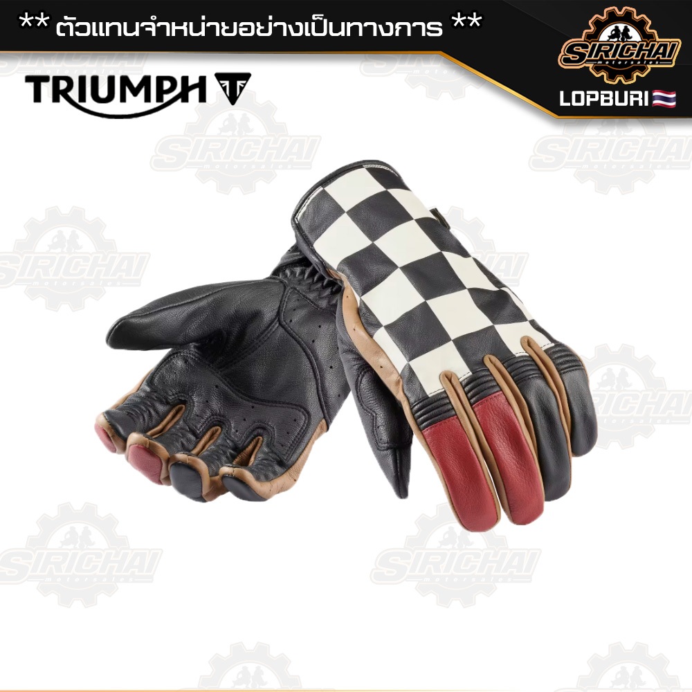 ถุงมือมอเตอร์ไซค์ ถุงมือ Triumph Checkerboard Leather Gloves Black Red Bone Gold