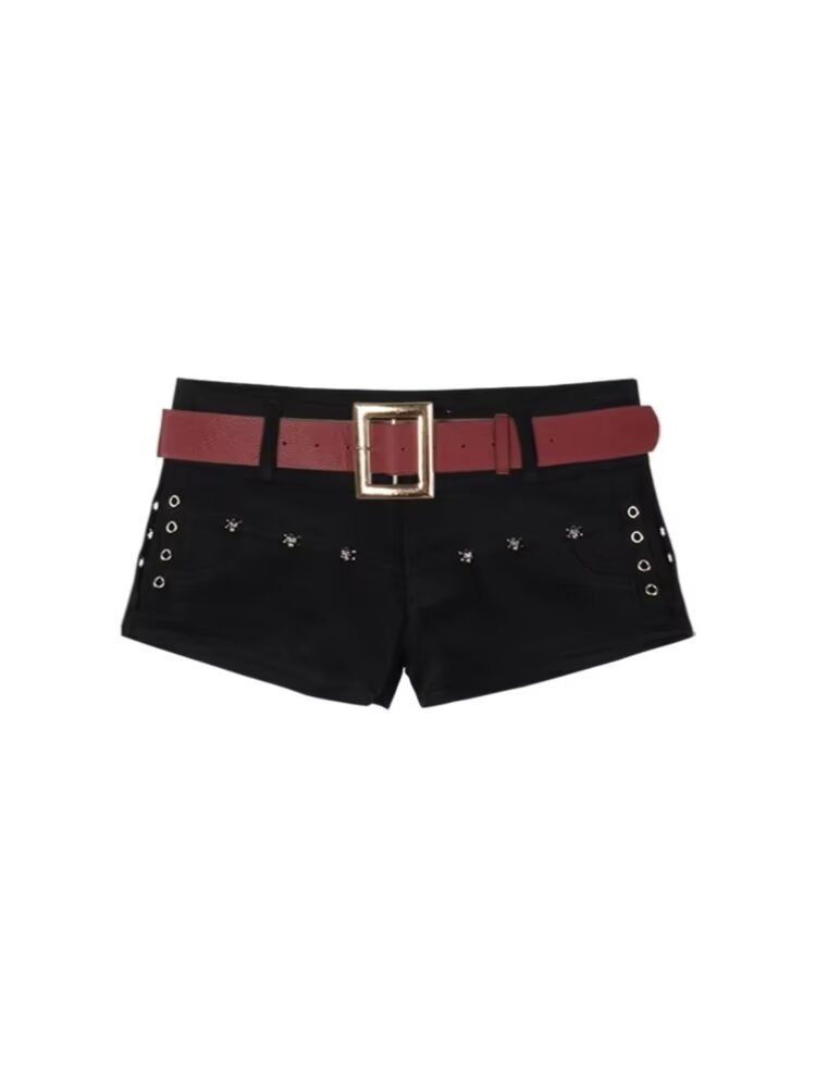 กางเกงขาสั้น เอวต่ำ แต่งหมุด KT8878 พร้อมส่งในไทย