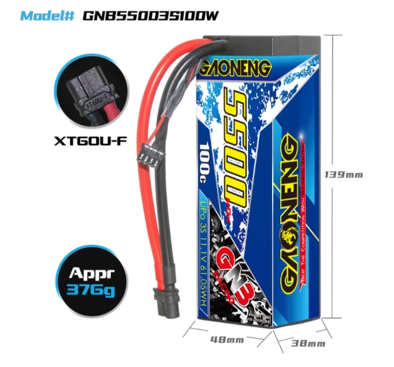 GNB 3S 11.1V 5500mAh 100C Cabled Hard Case LiPo Battery XT60 แบตสำหรับรถบังคับ