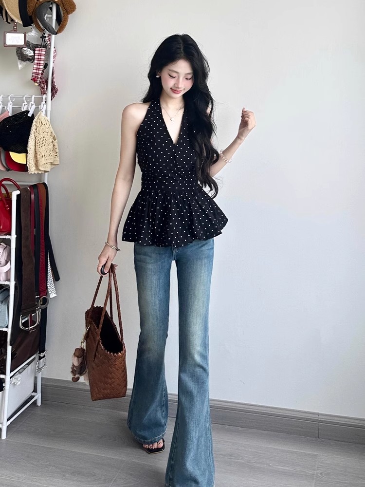 ส่งด่วนในไทย เสื้้อสายเดี่ยว บอลลูน ลายจุด สไตล์เกาหลี พร้อมส่ง CN7562