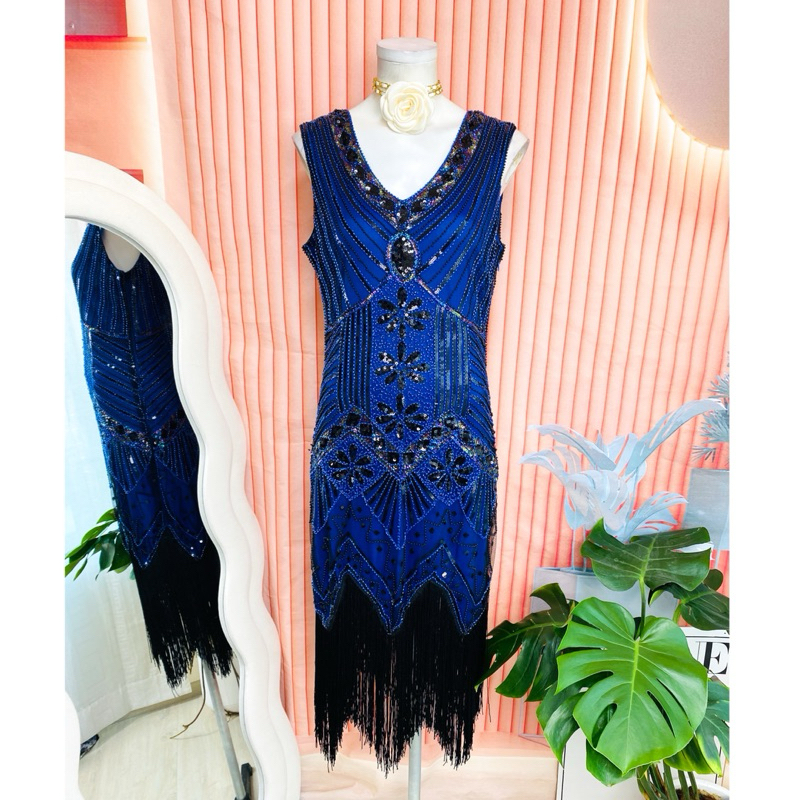 ไซด์ M-L แบรนด์ BABYYOND แท้ 100% 🌸 แกสบี้ เดรส Gatsby งานเกล็ดวิบวับ สีน้ำเงิน ใส่ออกงาน ชุดราตรีแกสบี้ ชุดปาร์ตี้