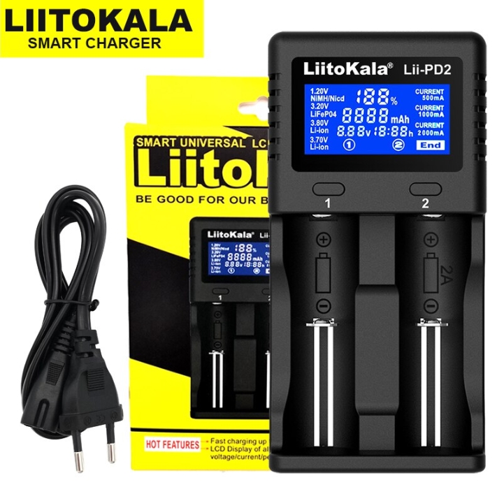 เครื่องชาท LiitoKala Lii-PD2 LiiPD2 เครื่องชาร์จถ่าน Li-ion 18650 18350 16340 14500 26650 Ni-MH Ni-Cd AA AAA ชาท 2ช่อง หน้าจอดิจิตอล