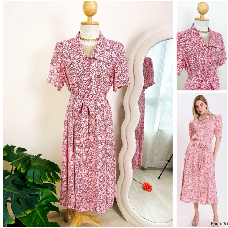 เดรสยาว ผ้าชีฟอง แท้ สีแดง สไตล์วินเทจ Maxi Dress ชุดคาเฟ่ ชุดไปทะเล ชุดยาว
