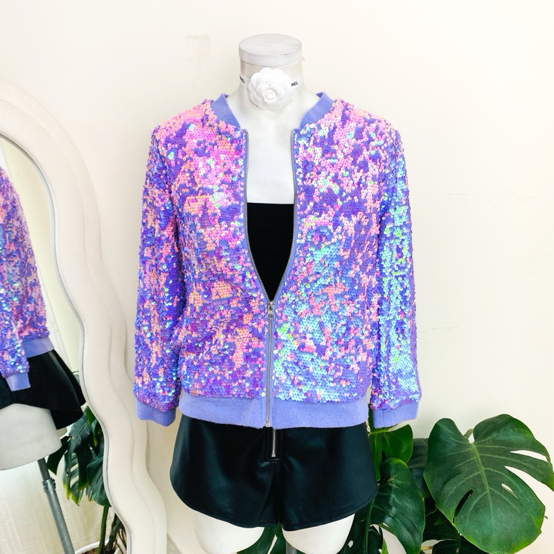 ไซด์ XS-S แบรนด์ wonder แท้ 100%🌸แจ็คเก็ต Jackets เบสบอล เสื้อคาร์ดิแกน งานเกล็ดวิบวับ สีม่วง/ชมพู ใส่ออกงาน ชุดปาร์ตี้