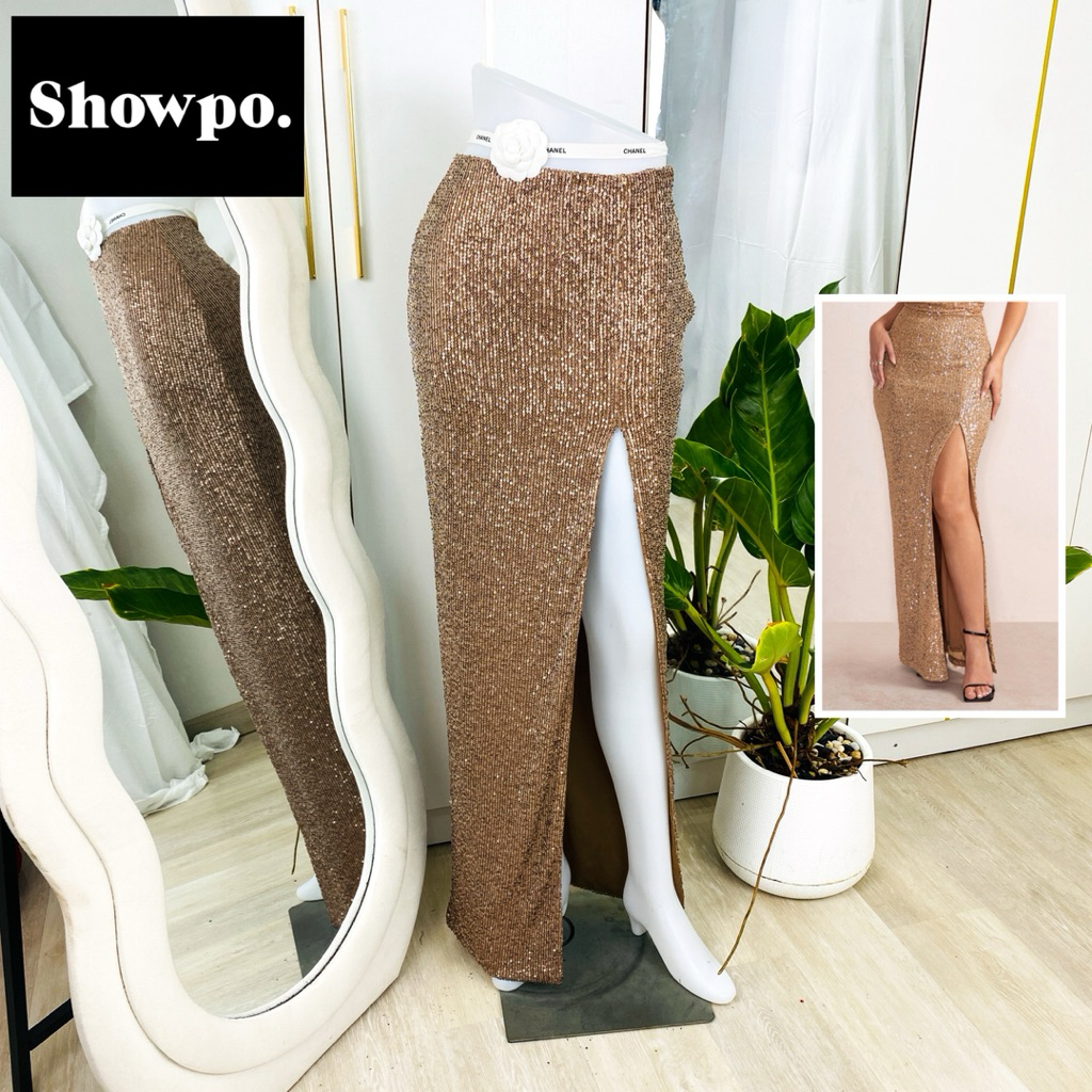 ไซด์ S แบรนด์ ShowPo. แท้ 100%🌸กระโปรง ผ่าสูง เอวสูง งานเกล็ดวิบวับ สีคาราเมล ใส่ออกงาน ชุดออกงาน ปาร์ตี้ ชุดไปเดท