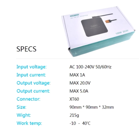 ToolkitRC ADP100 20V 5A 100W 50-60HZ XT60 AC To DC Power Adapter สำหรับจ่ายไฟให้เครื่องชาท