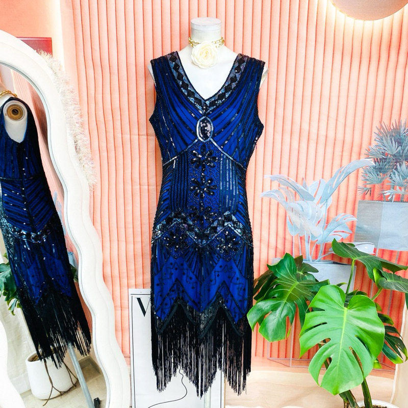 ไซด์ L made in USA. 🌸 แกสบี้ เดรส Gatsby งานเกล็ดวิบวับ สีน้ำเงิน/ดำ ใส่ออกงาน ชุดราตรีแกสบี้ ชุดปาร์ตี้