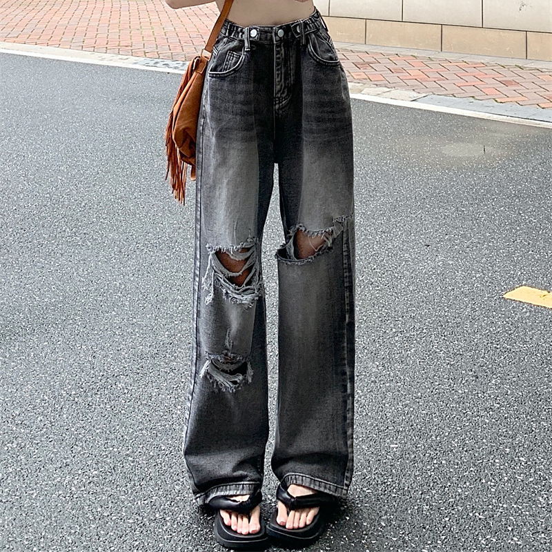 กางเกงขายาว ยีนส์ แต่งขาด ปรับเอวได้ รหัส Y002