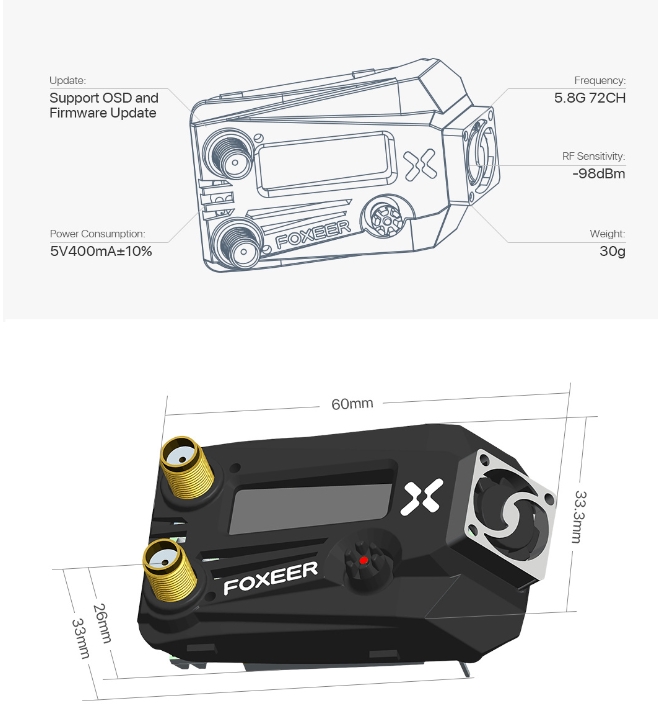 Foxeer Wildfire 5.8GHz 72CH Dual Receiver OSD Update for Fatshark Skyzonre โมดูลติดแว่น รับสัญญาณ ชัดๆ ไกลๆ