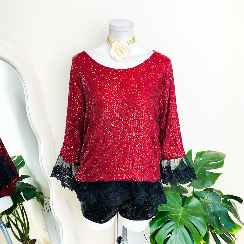 ไซด์ XXL บรนด์ New Style แท้ 100%🌸เสื้อ แต่งแขนลูกไม้ /ชายลูกไม้ พลัสไซส์ งานเกล็ดวิบวับ สีแดงไวน์ ใส่ออกงาน ชุดปาร์ตี้