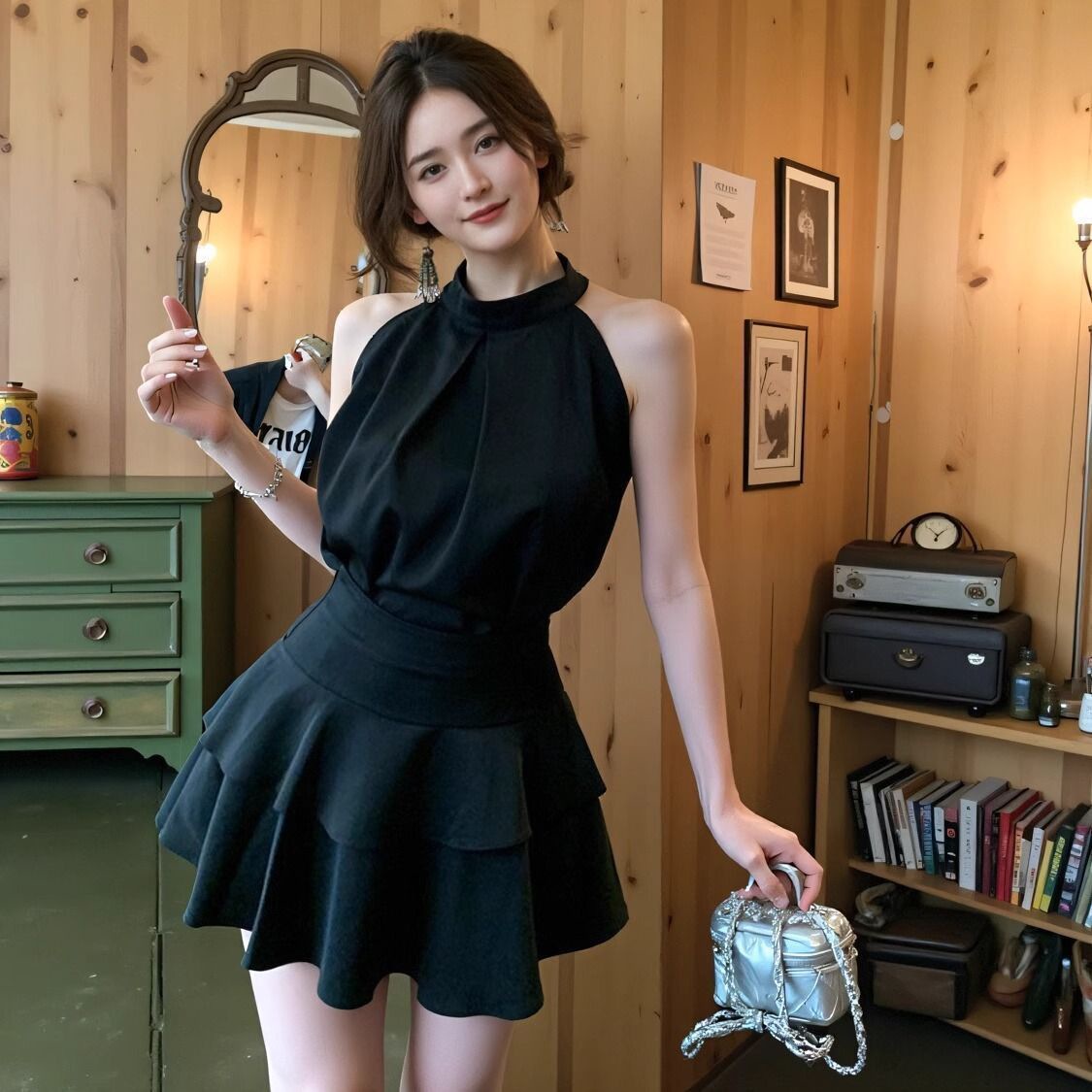 ชุดเซท เสื้อ+กระโปรง สีดำ ผ้าไหมซาติน รหัส Set4701 พร้อมส่ง