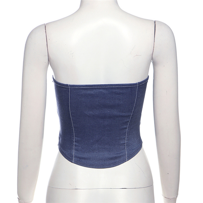 เสื้อเกาะอก ครอปสียีนส์ ถักหน้า รหัส CN57388