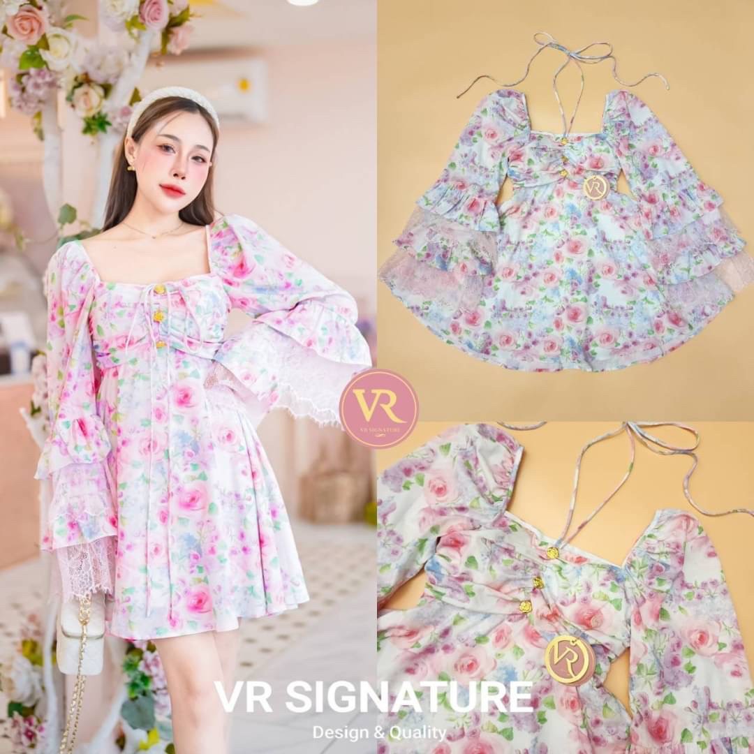 🌼 XS 🌼ป้าย Vora เดรสสั้นแขนยาว ปลายแขนบานแต่งระบานชั้นๆสลับผ้าลูกไม้