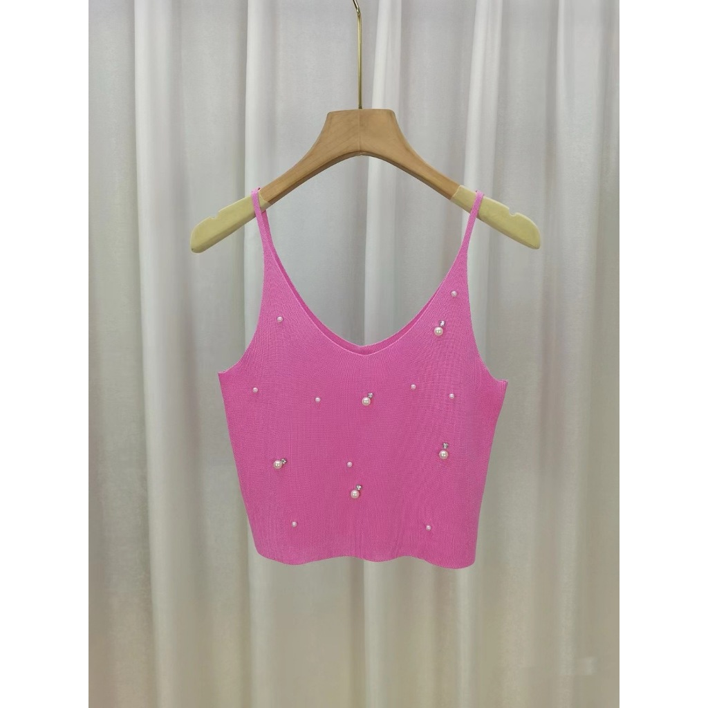 เสื้อครอป ไหมพรม ปักมุกเพชร (ชมพู ,ดำ , ขาว ) รหัส GB001