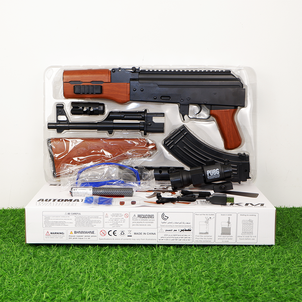 (19)AKM-47 ลายไม้ ปืนเจลไฟฟ้า ของเล่น ยิงรัวได้ ชักยิงได้