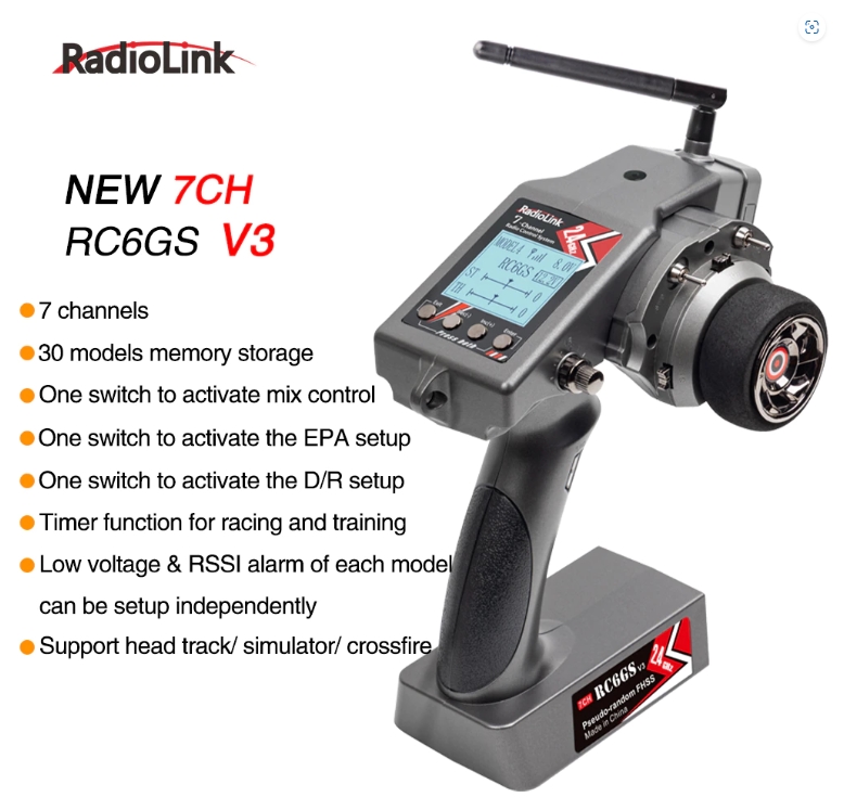 Radiolink RC6GS V3 - 2.4GHZ 7CH with R7FG Receiver รีโมท รถ เรือ พร้อมรีซีฟ กันน้ำ มีไจโรในตัว คลื่นไกล พร้อมส่งข้อมอูลแบต มาบอกที่รีโมทได้