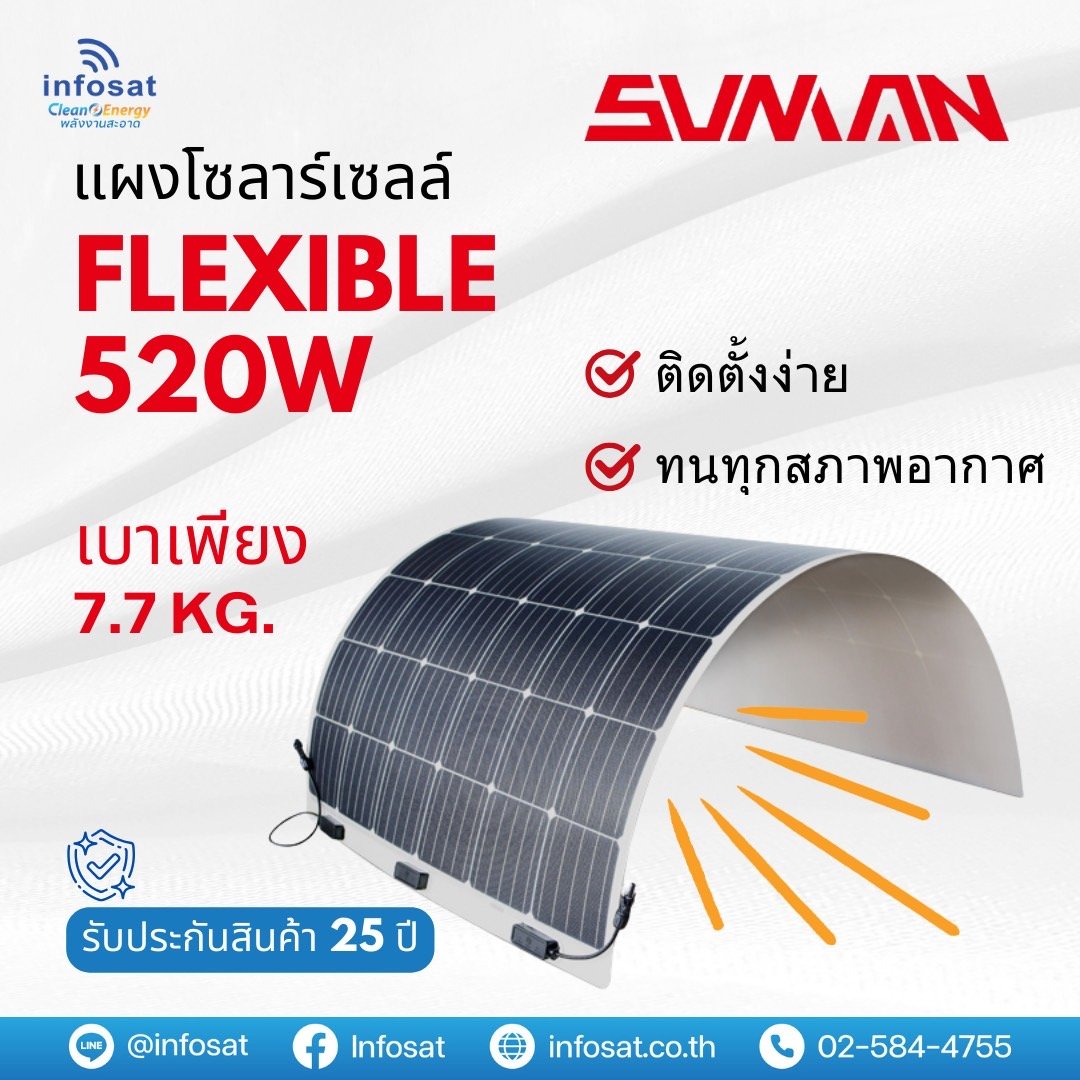 แผงโซลาร์เซลล์ แบบยืดหยุ่นได้ Flexible Solar Mono-520W 2mm. 7.7kg.