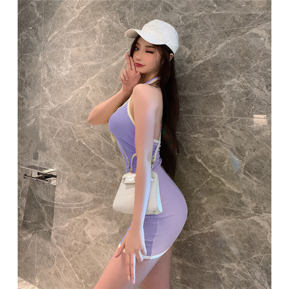 ชุดเดรสกระโปรงเซ็กซี่ สีม่วง เดรสสายเดี่ยว รัดรูป CN2236