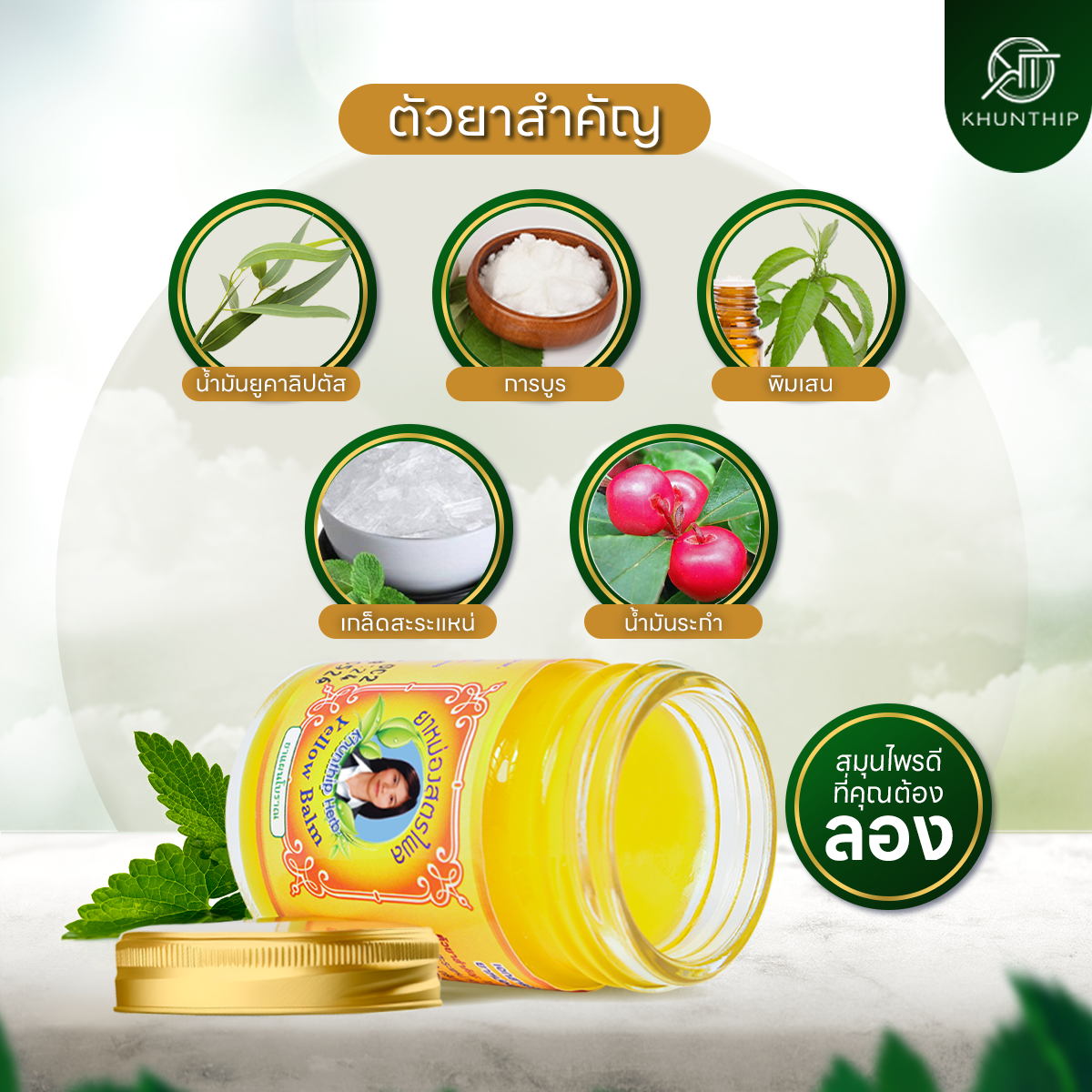 ยาหม่องผสมไพล (Khunthip Compound Plai Balm) ยาหม่องสีเหลือง ตราคุณทิพย์ 50 กรัม