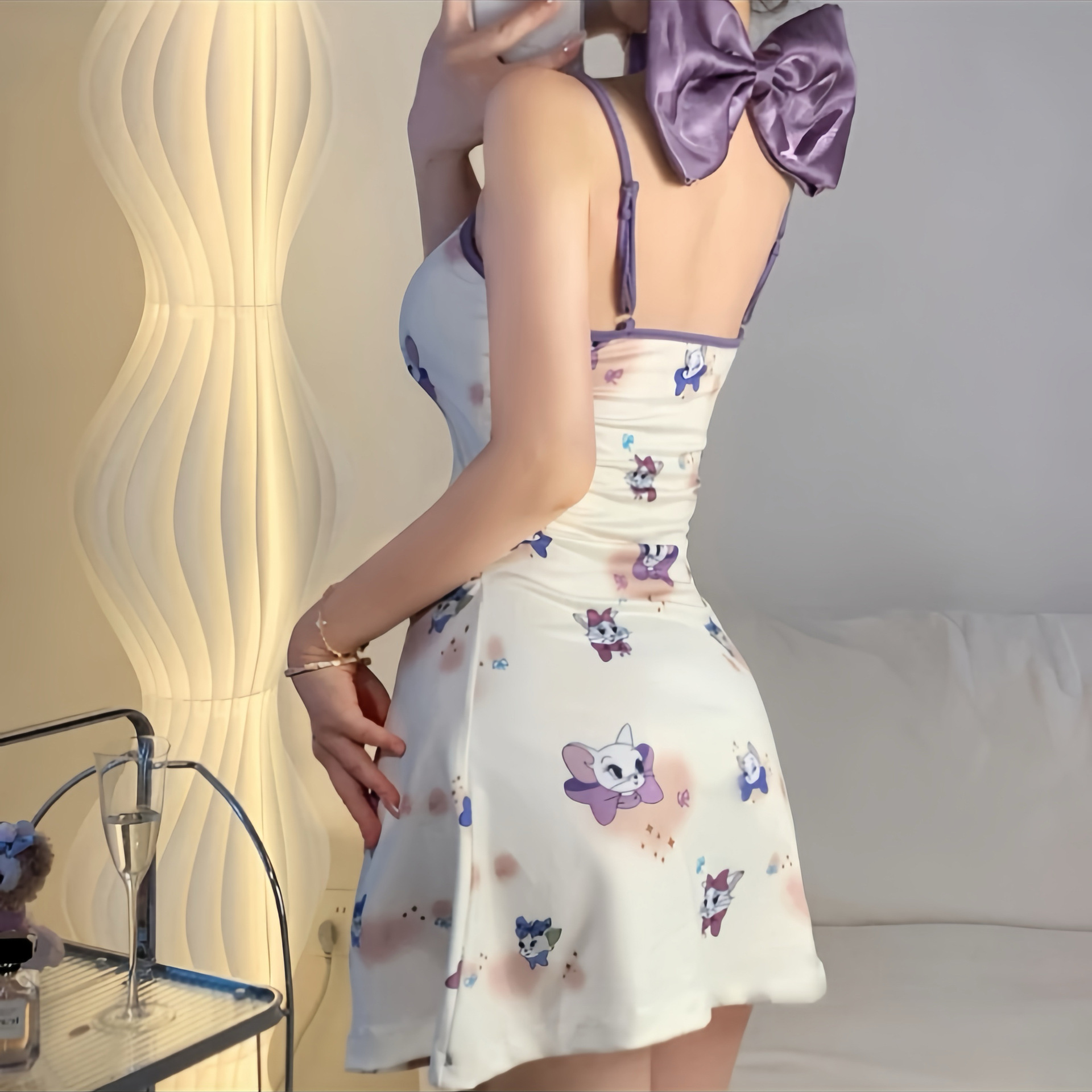 ชุดนอน สายเดี่ยว สีขาว-ม่วง X9951-P