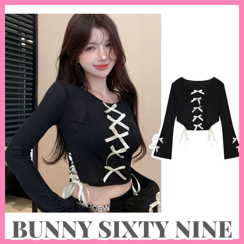 เสื้อครอป สีดำ ซีทรู โบว์หน้า ถักข้าง CN099