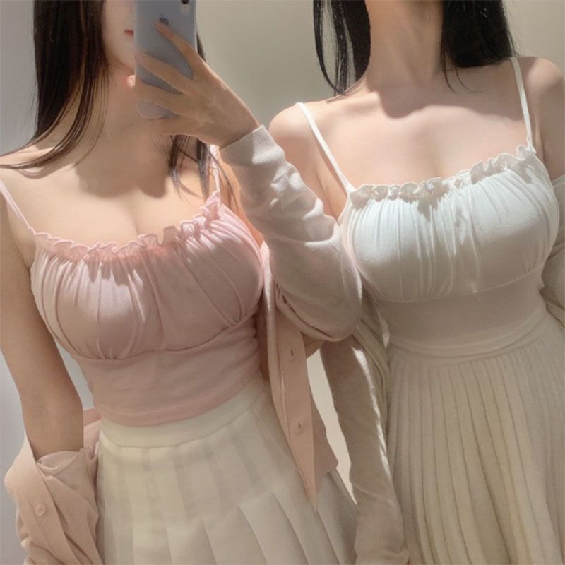 เสื้อสายเดี่ยว แต่งระบายอก เสื้อสไตล์เกาหลี รหัส CN2349