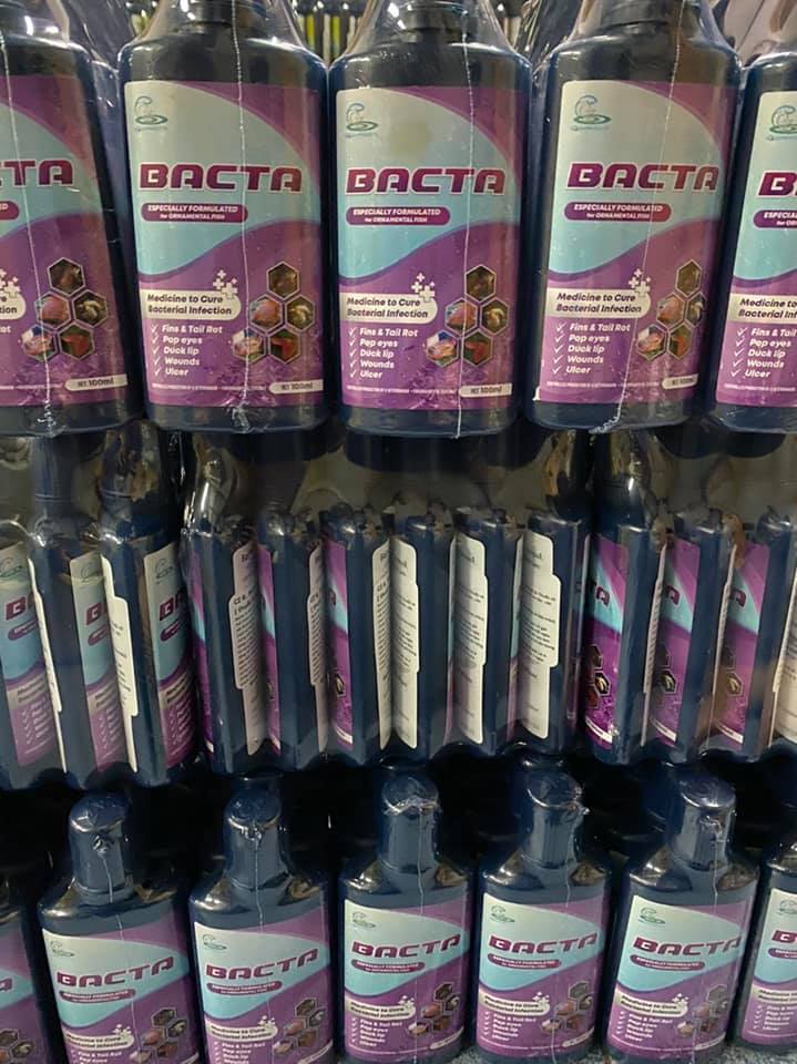 BACTA 100 ml.(รักษาโรคจากการติดเชื้อแบคทีเรีย ปากบวม ตาโปน ครีบกร่อน ป้องกันโรค กักโรคปลา)