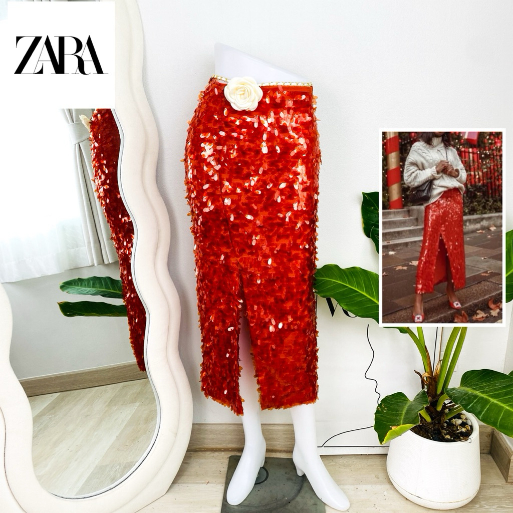 ไซด์ XXS แบรนด์ ZARA แท้ 100%🌸กระโปรง ผ่าหน้า เอวสูง งานเกล็ดวิบวับ สีแดง ใส่ออกงาน ชุดออกงาน ปาร์ตี้ ชุดไปเดท