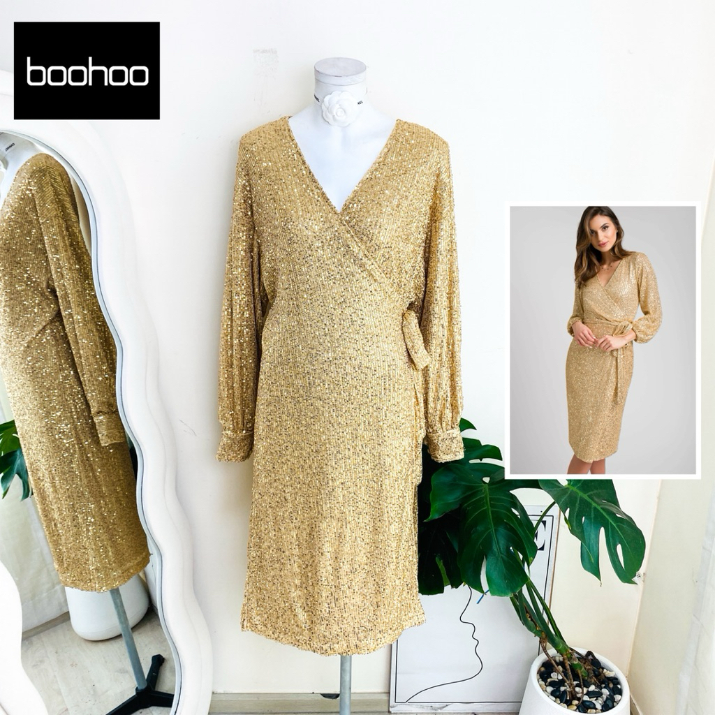 ไซด์ XXL มือ 1 แบรนด์ boohoo แท้ 100%🌸เดรส ผูกโบว์ข้าง คลุมเข่า งานเกล็ดวิบวับ สีทอง ใส่ออกงาน เดรสออกงาน ชุดปาร์ตี้