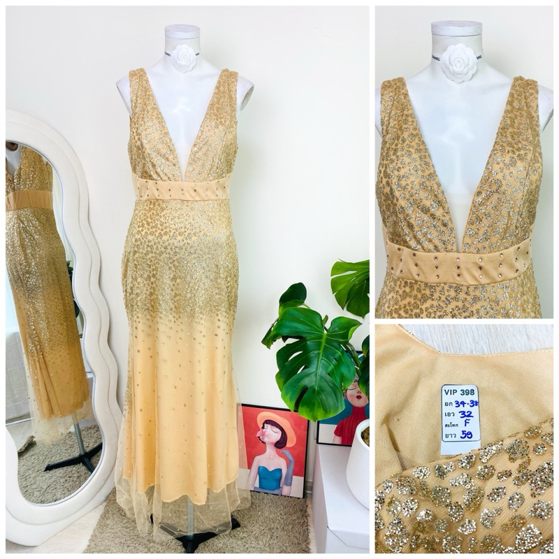 ไซด์ L made in USA 🌸Maxi dress เดรสยาว งานเกล็ดวิบวับ กริตเตอร์ สีครีม ทรงเข้ารูป เดรสออกงาน ชุดปาร์ตี้