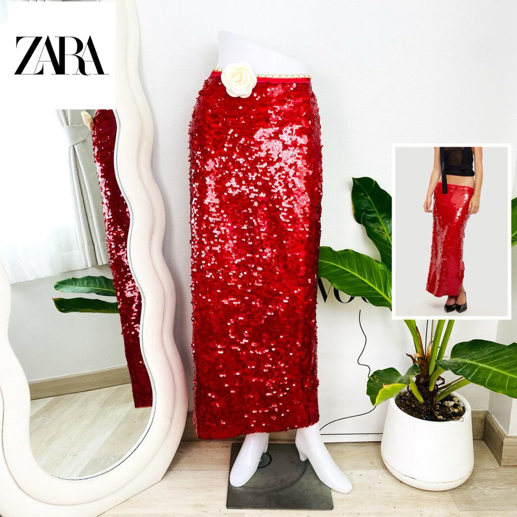 ไซด์ M-L แบรนด์ ZARA แท้ 100%🌸กระโปรง ขายาว เอวสูง งานเกล็ดวิบวับ สีแดงใส ใส่ออกงาน ชุดออกงาน ปาร์ตี้ ชุดไปเดท