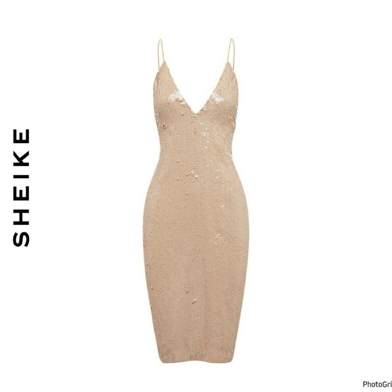 ไซด์ XL-XXL แบรนด์ SHEIKE แท้100% เดรสงานเกล็ดวิบวับ สีครีม โชว์หลัง สายสปาเก็ตตี้ ซิบหลัง งานแต่ง เดรสออกงาน ชุดปาร์ตี้