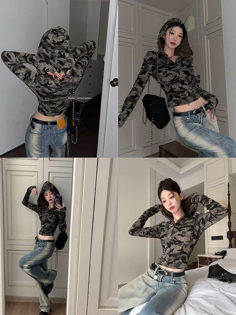 เสื้อครอป ทหาร มีฮู้ด ซิปหน้า พร้อมส่งในไทย