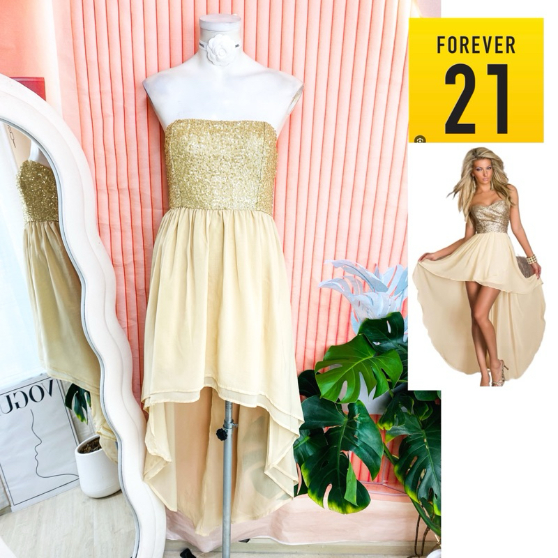 ไซด์ XS-S แบรนด์ Forever21 แท้ 100%🌸เดรส เกาะอก หน้าสั้น/หลังยาว งานเกล็ดวิบวับ สีทอง/ครีม เดรสออกงาน ชุดปาร์ตี้(9)