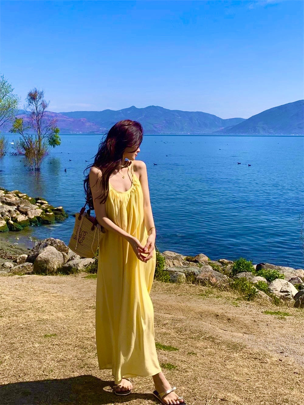 เดรสยาว สายเดี่ยว เหลืองสด สไตล์เกาหลี CN8968